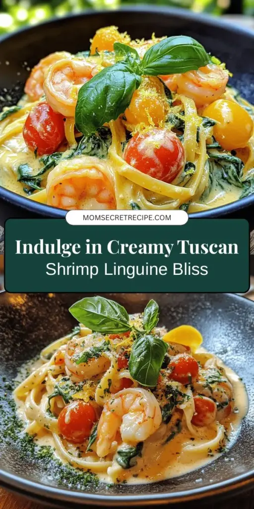 Indulge in the rich flavors of Creamy Tuscan Shrimp Linguine, where perfectly sautéed shrimp meet a decadent creamy sauce and fresh ingredients. This delightful dish is ideal for impressing guests or enjoying a cozy family dinner. With vibrant spinach, sweet cherry tomatoes, and a touch of lemon zest, every bite is a taste of the Tuscan countryside. Elevate your cooking with this easy recipe and create a gourmet experience at home! #TuscanShrimp #PastaLovers #ItalianCuisine #DinnerIdeas #Foodie